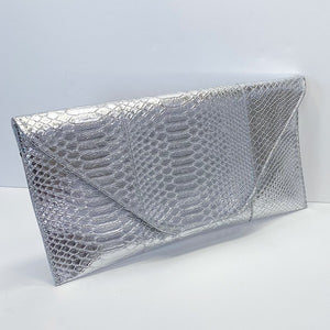 Metallic silver textured snake skin pattern envelope clutch