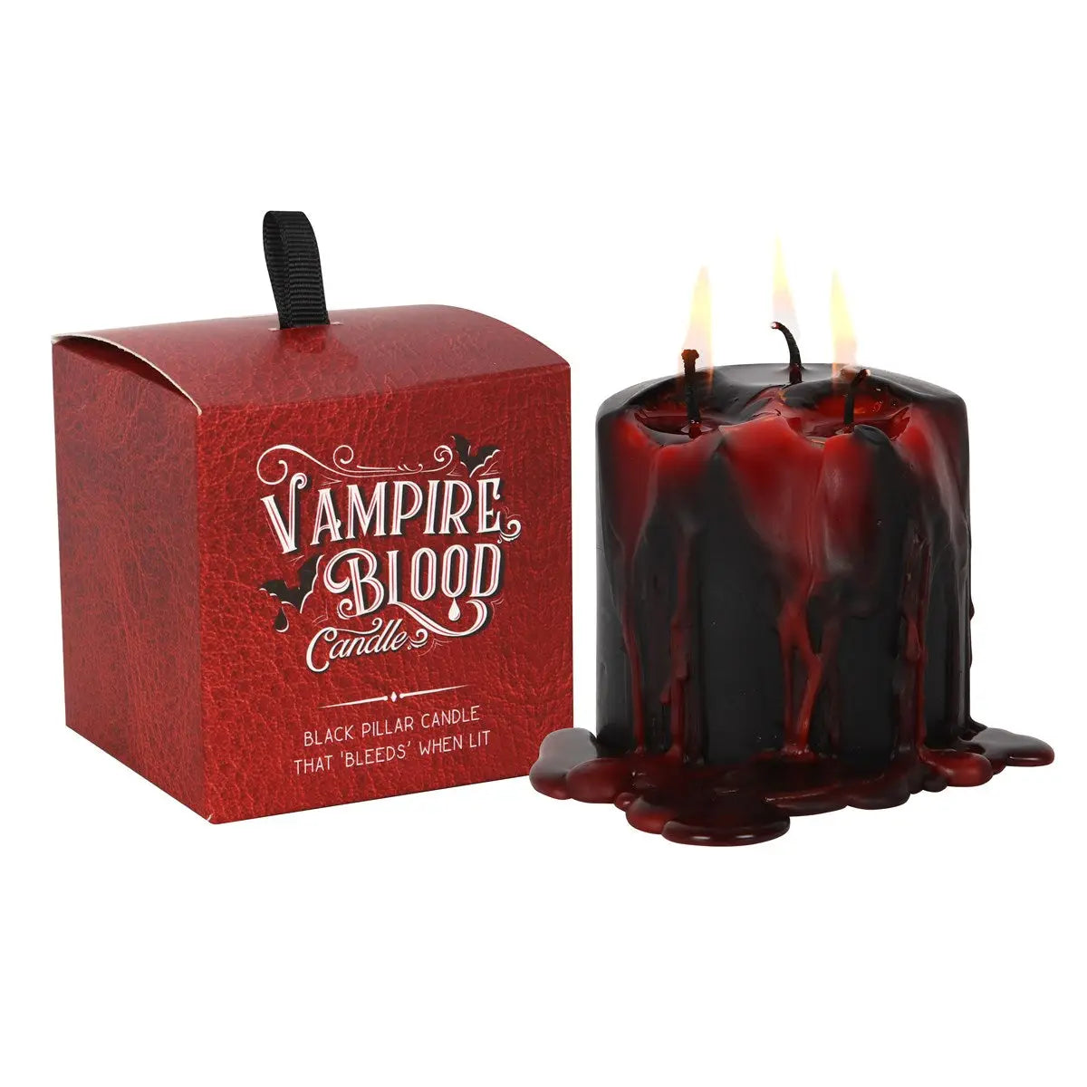 A small black pillar candle that drips bloody red when lit. Shown next to its gift box packaging