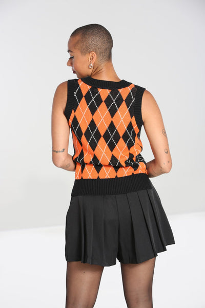 Back view of the sweater vest showing the all over argyle pattern on the knit