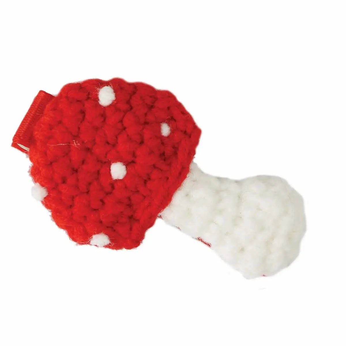 Crocheted white and red spotted mushroom hair clip
