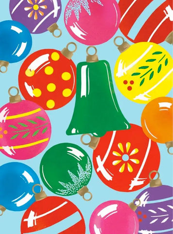 The outside of a greeting card that is decorated with an illustration of vintage Christmas tree ornaments in bright multicolor designs