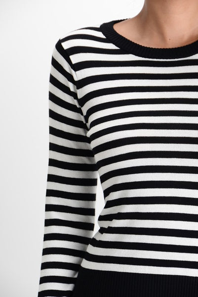 black and white stripe crew neck long sleeve fitted sweater, shown on model