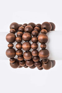 set of 5 varied size round brown wood beads stretch bracelets