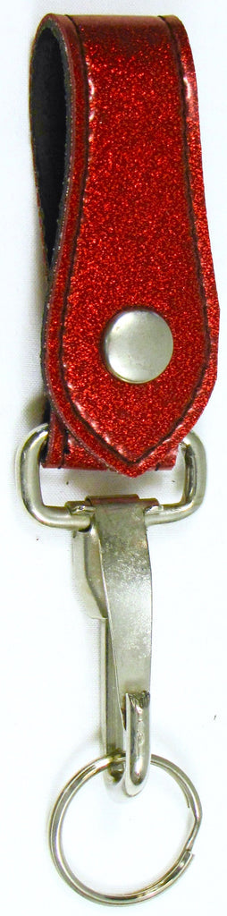 soft and durable red glitter vinyl snap on keychain fob with a heavy duty hook and keyring