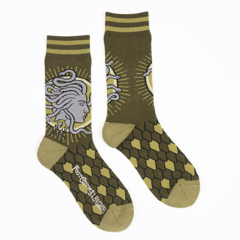 pair green and grey Medusa design soft stretch cotton blend crew socks