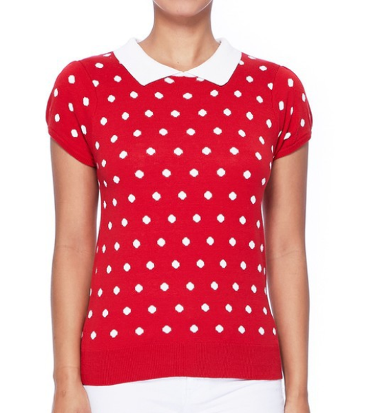 red & white polka dot knit-in design pullover sweater with short puffed cap sleeves white knit collar, shown on model