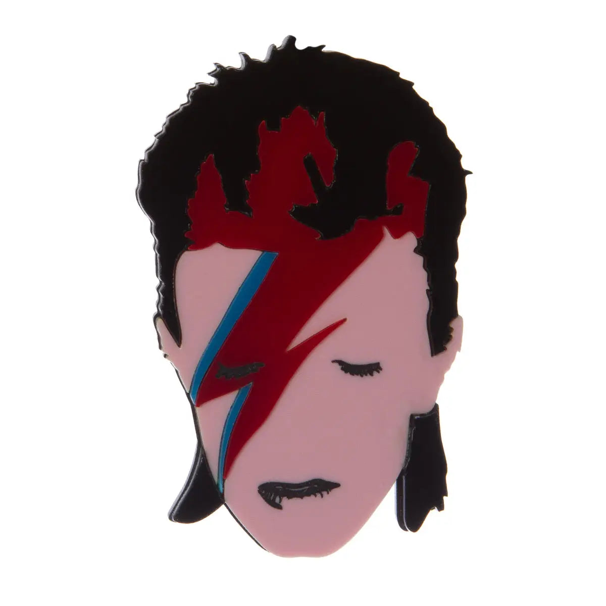 A laser-cut and hand assembled layered acrylic brooch featuring the stylized face of David Bowie’s iconic 1973 persona Aladdin Sane