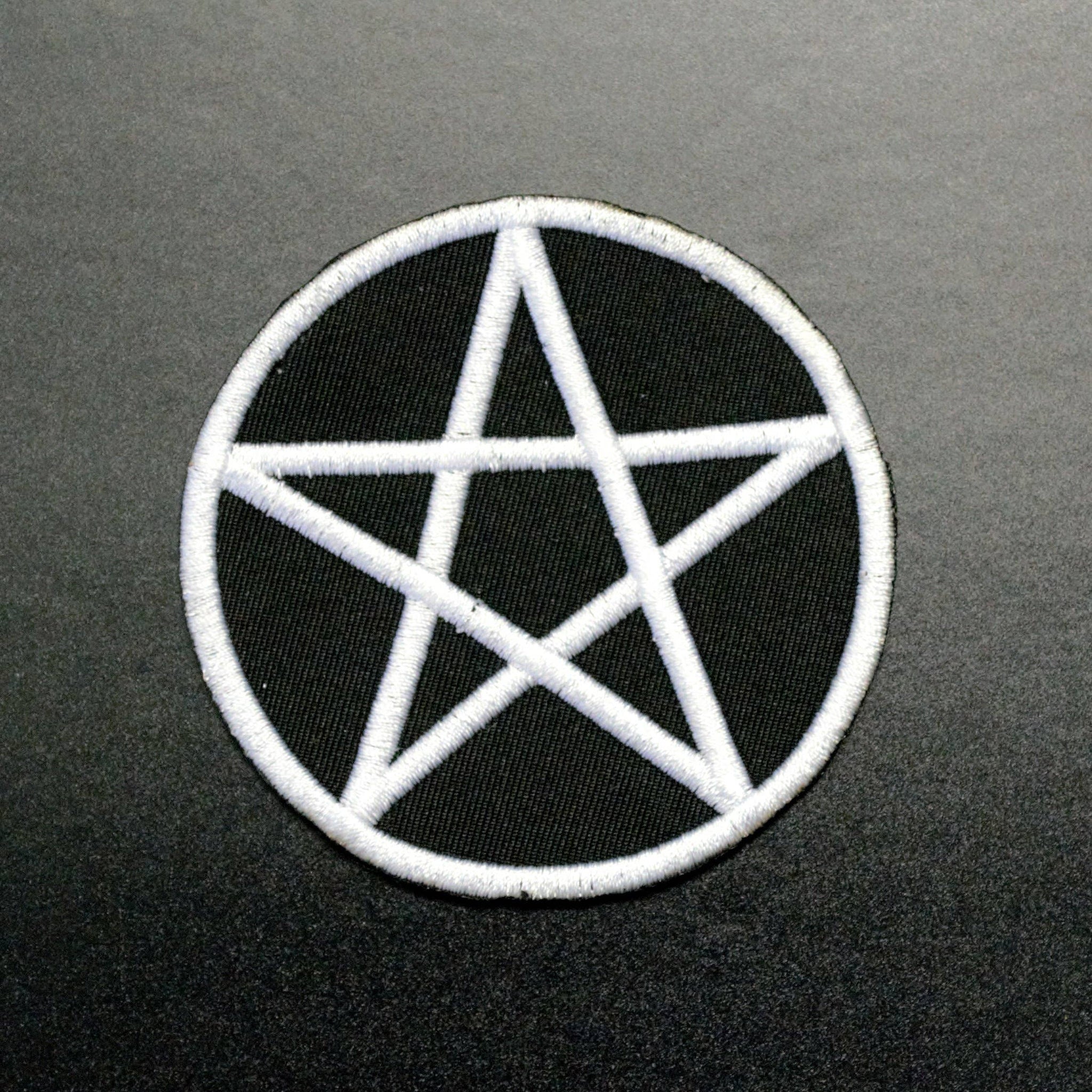 3" round white embroidery on black canvas Pentagram patch