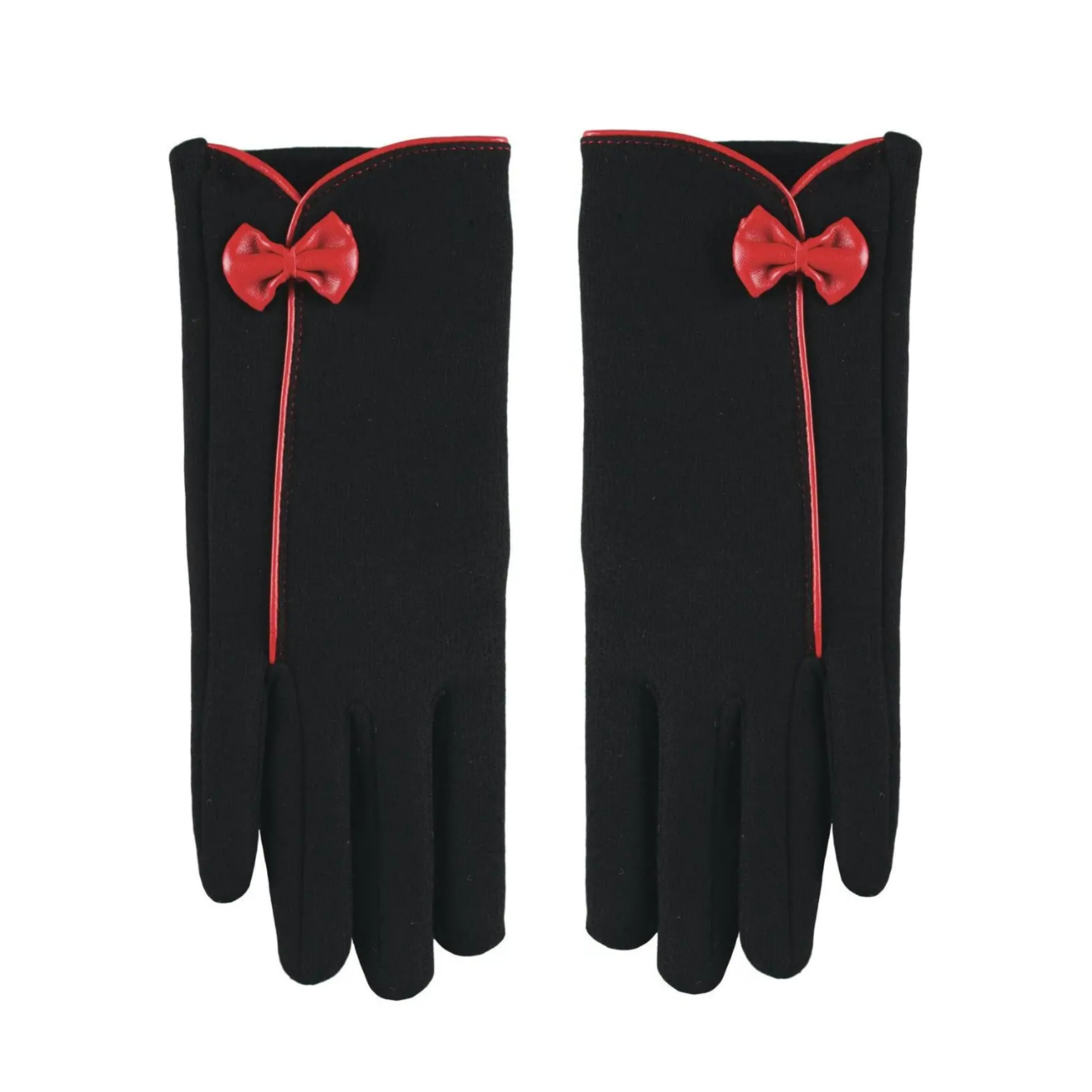 pair black ponte knit gloves with red faux leather bow & piping details