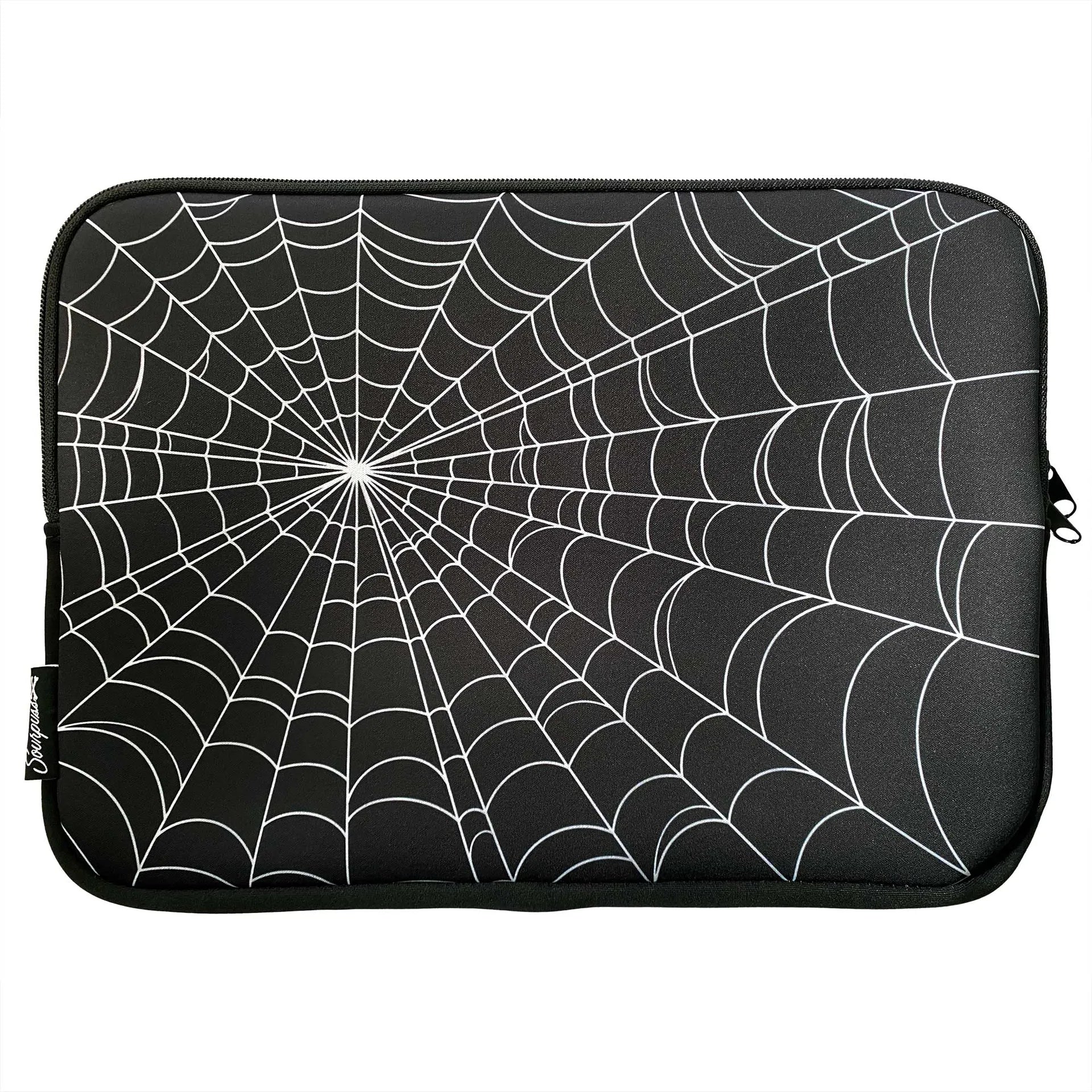 A black neoprene laptop sleeve printed with a white spiderweb pattern.
