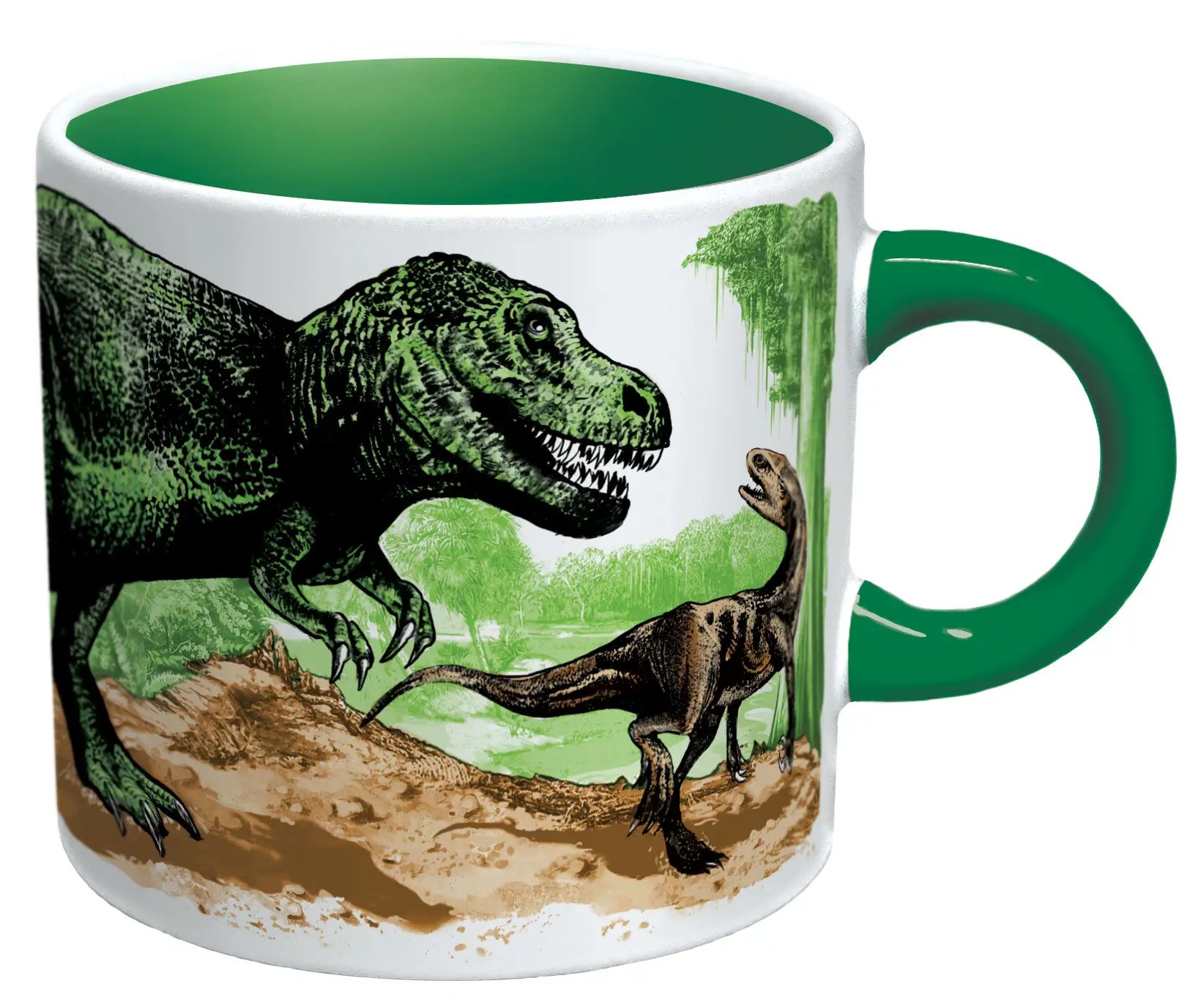 A ceramic mug with green handle and inside showing a large t.Rex and velociraptor in a jungle scene in full color 