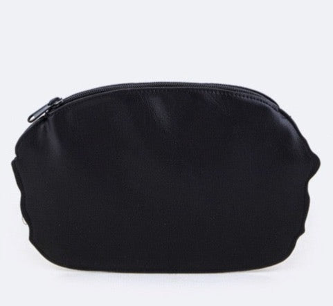 Zippered vinyl pouch in the shape of a cheeseburger with sewn pieces of faux leather in the shape of a bun, lettuce, cheese, burger patty and condiments. It has a black metal zipper along the top. Back view showing the solid black vinyl back of the pouch