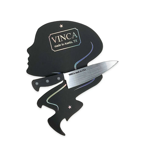 black and metallic silver acrylic curved Chef's Knife on 2 1/2" pinch-release barrette