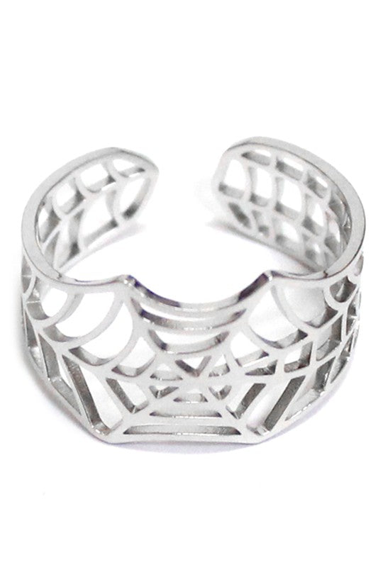 An open band adjustable ring in silver metal with a cut-out spiderweb design