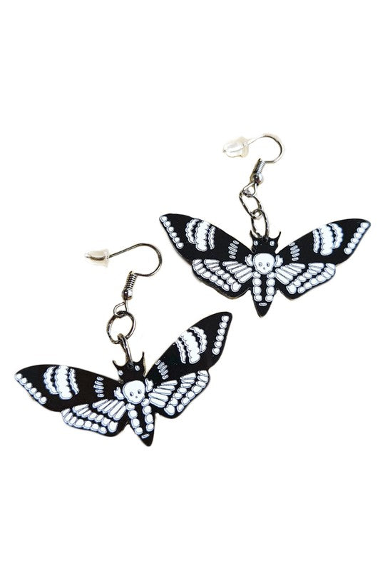 pair black with printed white details laser cut acrylic death's-head hawkmoth dangle earrings