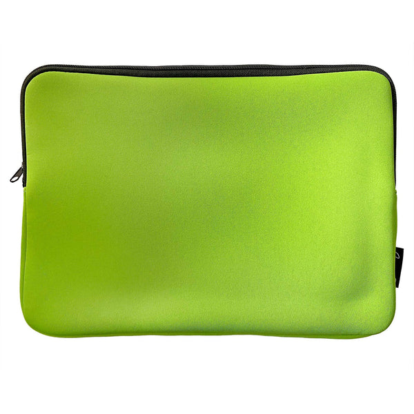 A neon green neoprene laptop sleeve with a neon green and pink multi-eyeballed drippy skull pattern. Art by Nik Scarlett. A shot showing the blank neon green back of the sleeve