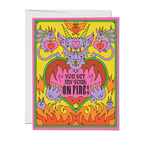 "You Set My Soul On Fire” 70s psychedelic style heavyweight card stock offset printed note card, illustrated by Nolan Pelletier.