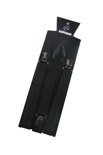 1" wide adjustable black elastic suspenders with silver metal clips, shown on black backer card packaging