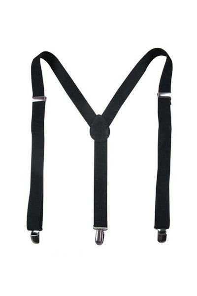 1" wide adjustable black elastic suspenders with silver metal clips