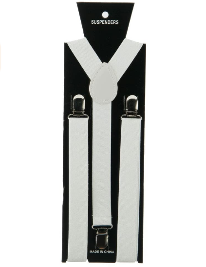 1" wide adjustable white elastic suspenders with silver metal clips, shown on black backer card packaging