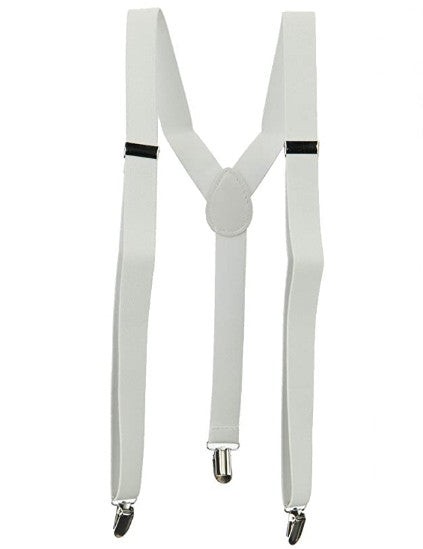 1" wide adjustable white elastic suspenders with silver metal clips