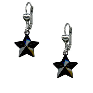 3/4” black retro nautical-style star earrings on silver-plated metal lever-back hooks
