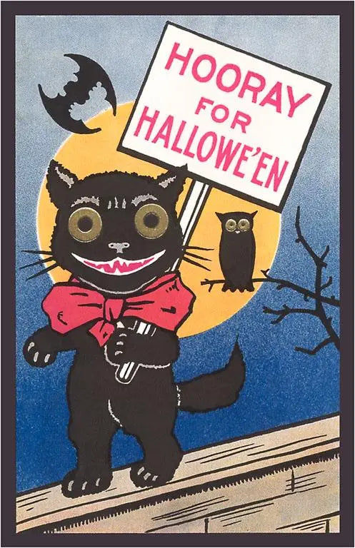 A postcard of a vintage style illustration of a black cat holding a sign that says “Hooray for Halloween” standing behind a full moon next to a bat and owl