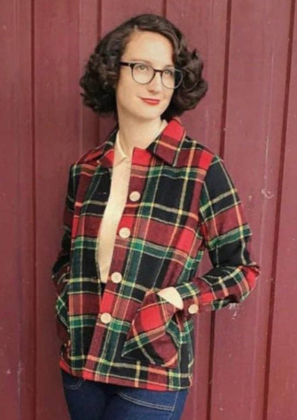 1940s style black, red, green, and yellow plaid reproduction patch pocket flannel jacket with coconut buttons, shown on model