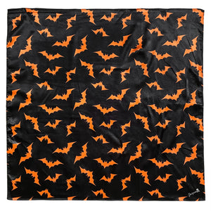 Vintage inspired satin square hair scarf in black and orange bat print