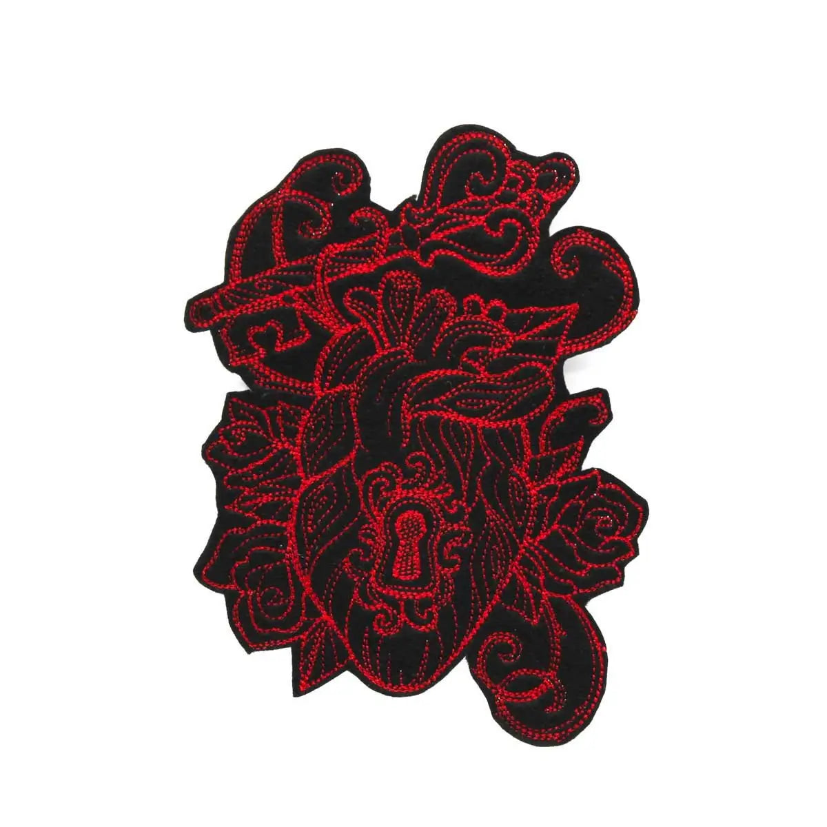 A large embroidered patch of an anatomical style heart with a keyhole in the middle flanked by an antique style key. It is embroidered in red on a black backgrounc