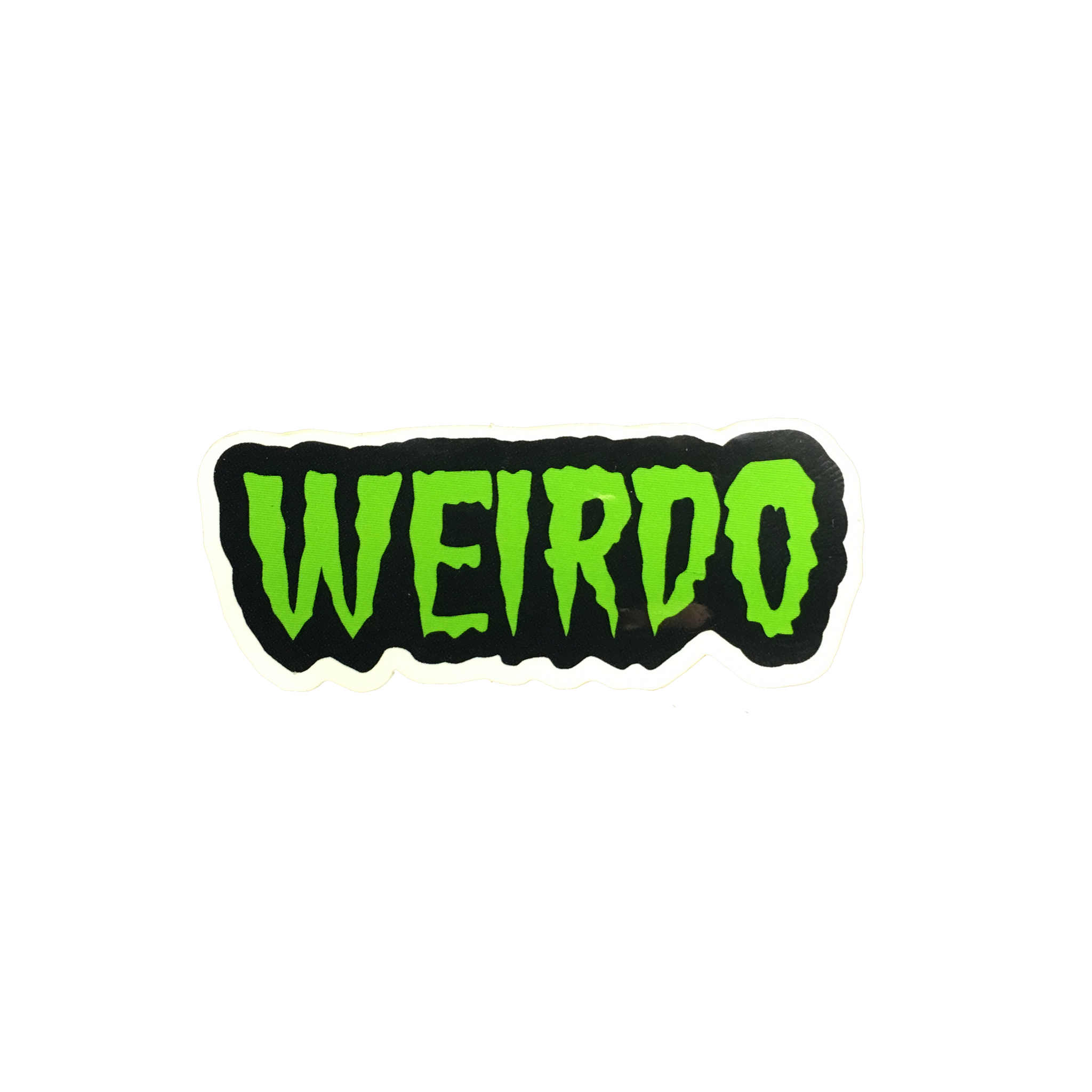 A sticker of the word “WEIRDO” in bright green retro horror movie poster font on a black background with white border