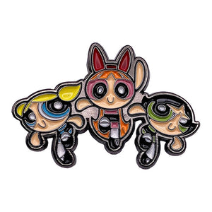 An enamel pin of the three Powerpuff Girls