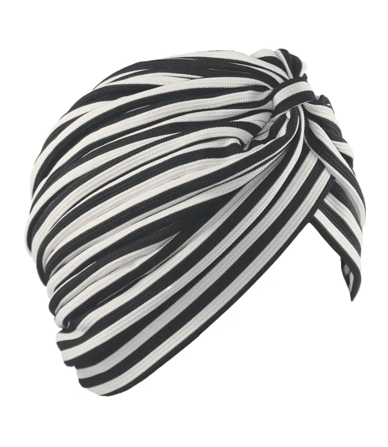 vintage-inspired knotted turban in black & white stripes