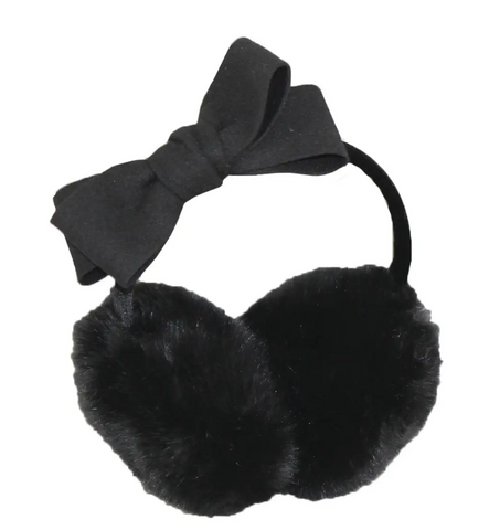 black faux fur earmuffs with black velvet covered adjustable band and black fabric bow