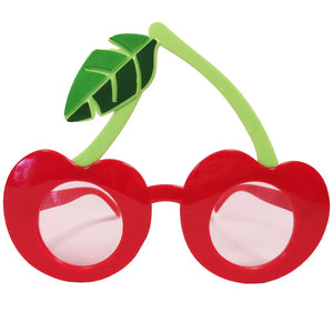 Oversized red and green cherry shaped novelty sunglasses with pink lenses