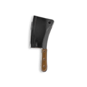 An enamel pin of a silver cleaver knife with brown handle