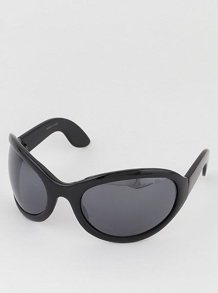 A pair of black wraparound sunglasses with oversized reflective smoke lenses 