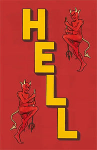 Two vintage style Halloween devils with the word “HELL” in large orange letters on a red backgrounc