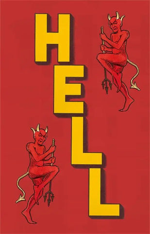 Two vintage style Halloween devils with the word “HELL” in large orange letters on a red backgrounc