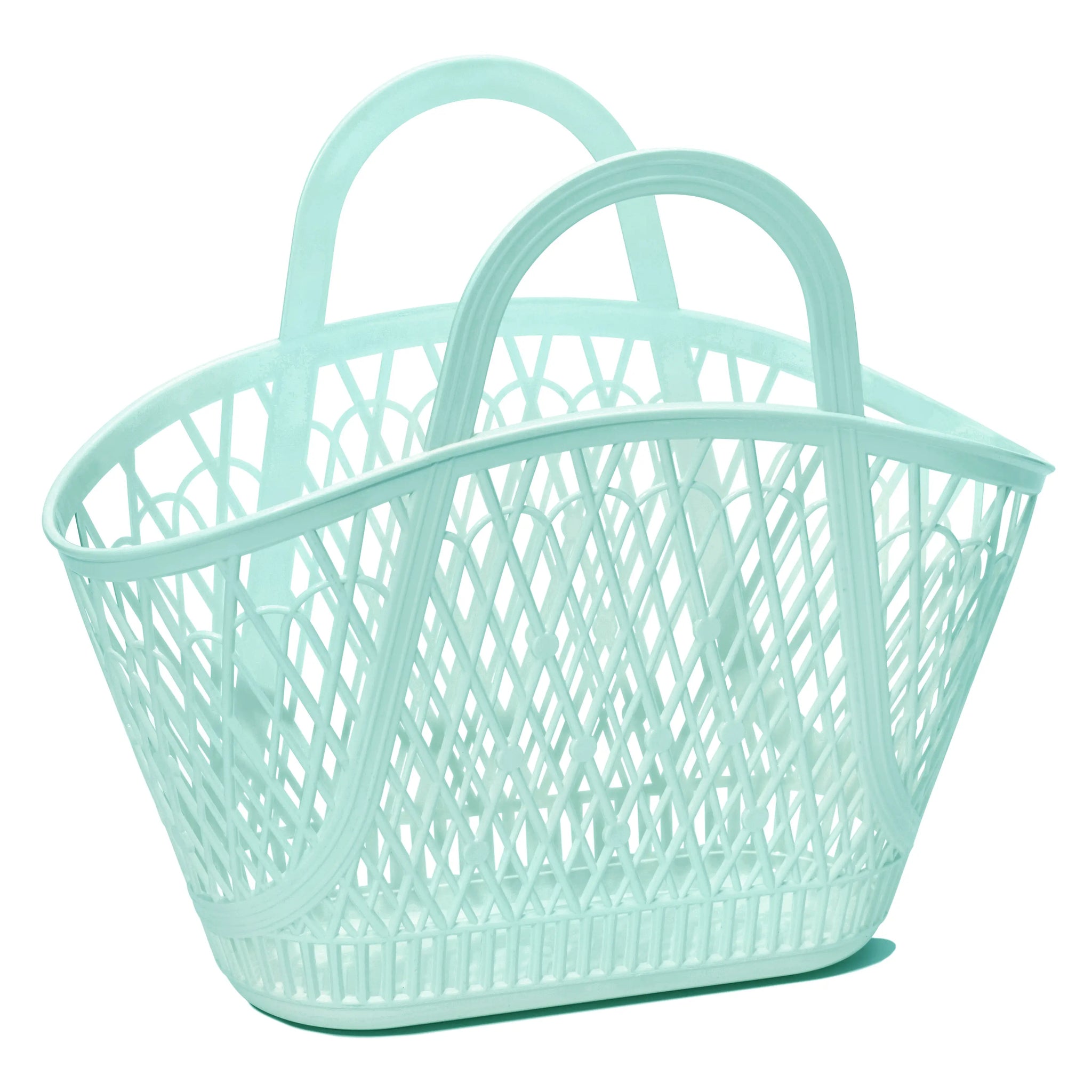 A large mint green rounded handle bag in a market basket style with a criss-cross pattern and flat base
