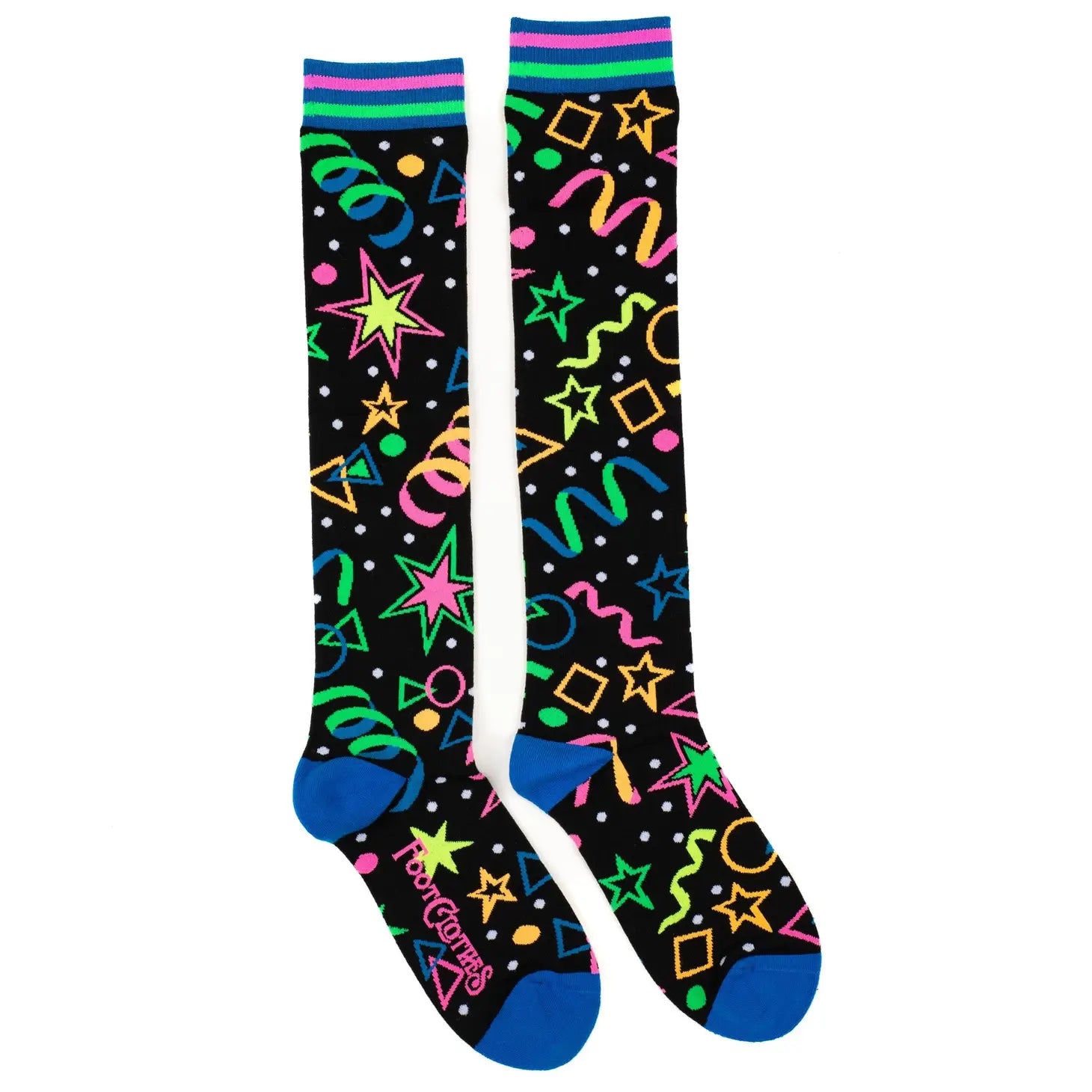 A pair of black knee socks with neon blue, green, and pink stripes at the cuff and blue toes & heels. There is a neon colored geometric pattern along the calf of each sock similar to an 80s bowling alley carpet