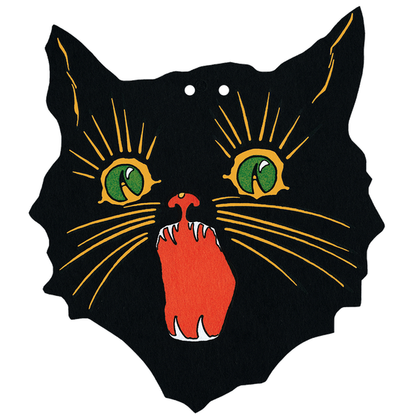 A die cut figure of a black cat with open mouth, green eyes., and orange whiskers