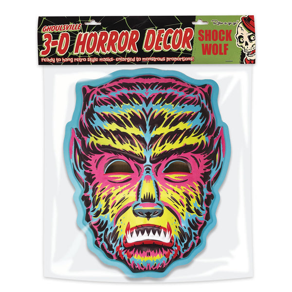 Ghoulsville Flourescent Freaks "Shock Wolf" vac-form plastic wall decor mask in vibrant blacklight-reactive ghoulish green, blue, and pinky red