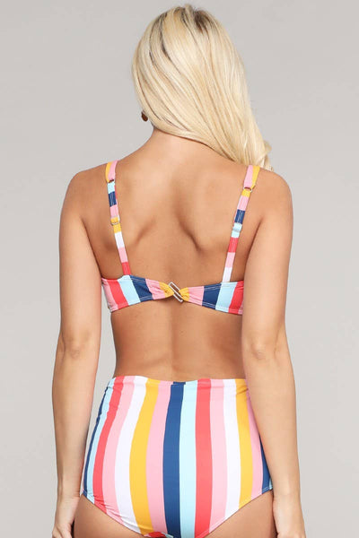 retro-style high waisted swim bottoms in a white, orange, pink, blue, and mint multi-color vertical cabana stripe, shown back view on model