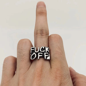 "FUCK OFF" text stainless steel ring, shown on finger