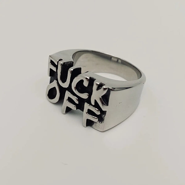 "FUCK OFF" text stainless steel ring, shown 3/4 view