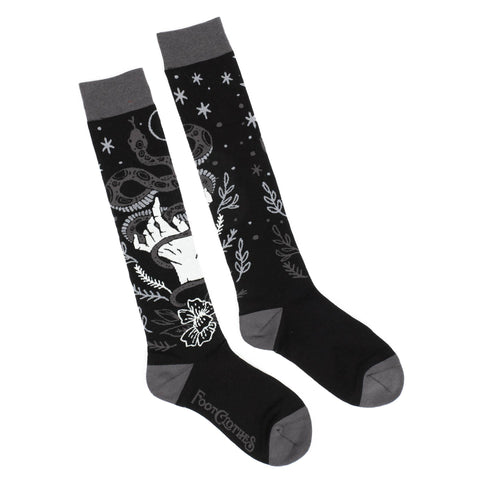  "Serpentine Witch" black, grey, and white snake, flower, star, and hand design stretch cotton blend knee socks