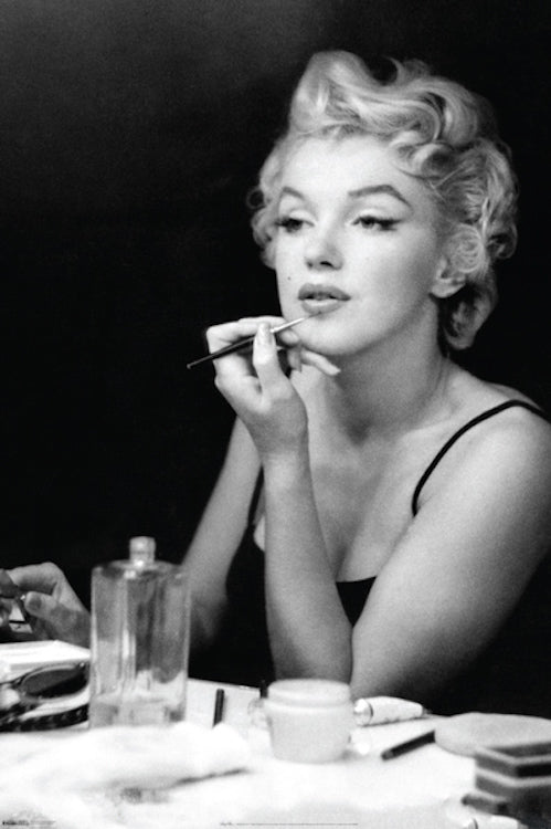 24" x 36" poster black & white Sam Shaw photo of Marilyn Monroe putting on makeup backstage at New York event, 1955.