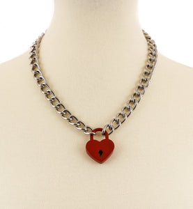 20” silver metal link chain with a 1” heart-shaped padlock in a shiny red finish. Key on a split key ring is attached to the lock for opening and closing the padlock