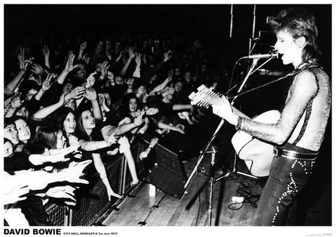 black and white photo image 33" x 24" poster of David Bowie onstage performing in front of fans in Newcastle, 1973